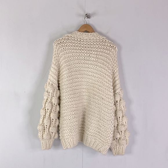 Wishlist Handmade Pom Pom Balloon Sleeve Open Cardigan in Cream - Picture 7 of 10